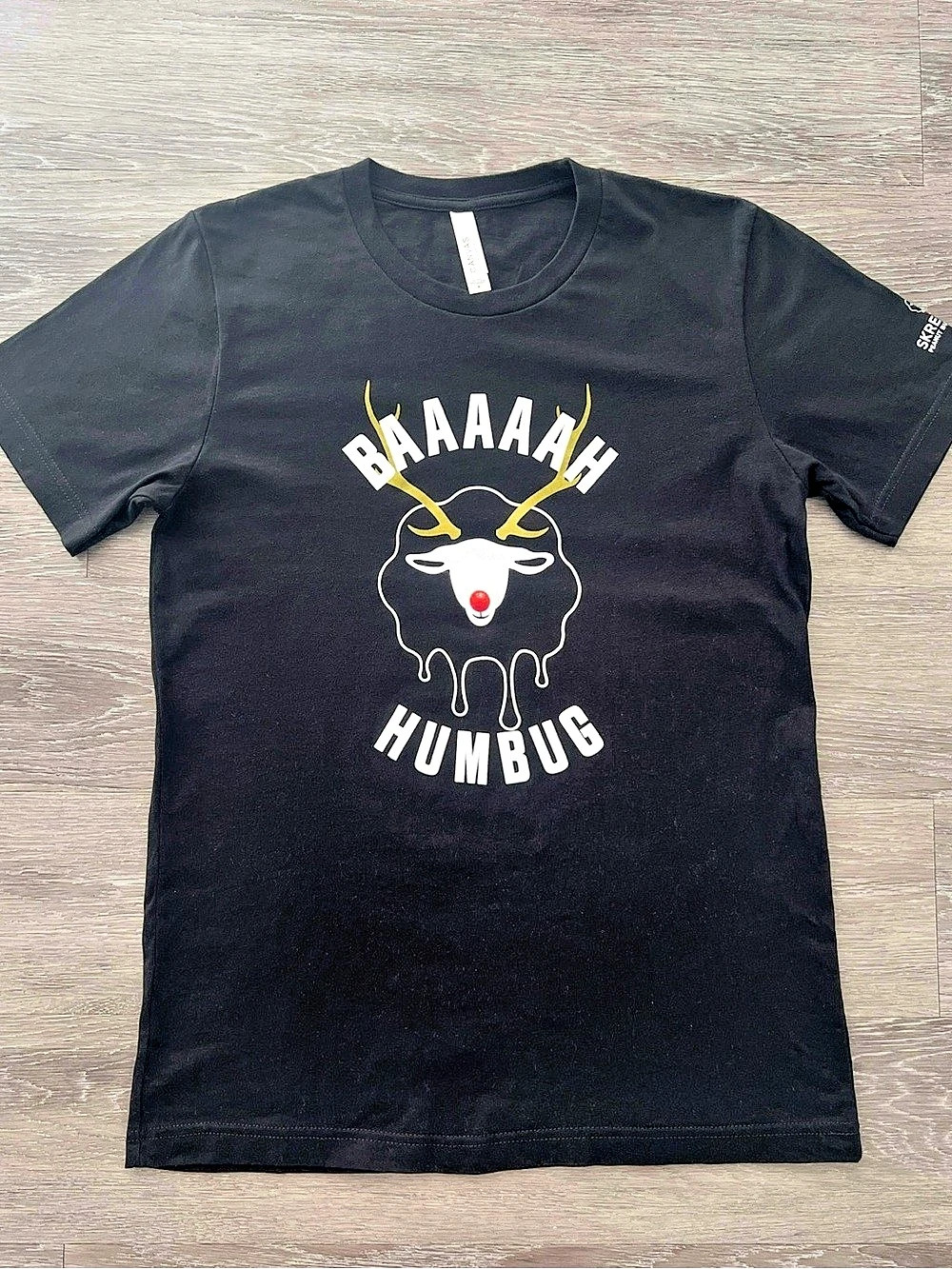 Skrewball Peanut Butter Whiskey Baaaaah Humbug Christmas Black Graphic Tee M